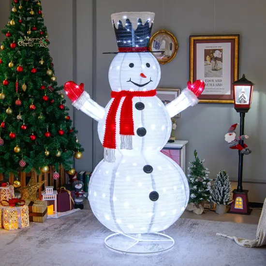 6 Feet Lighted Snowman with Top Hat and Red Scarf-White {2}