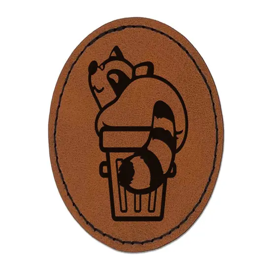 Fat Raccoon Sitting in Trash Can Round Iron-On Engraved Faux Leather Patch Applique - 2.5" Brown {1}