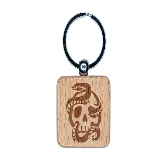 Sinister Skull with Snake Serpent Engraved Wood Square Keychain Tag Charm {1}