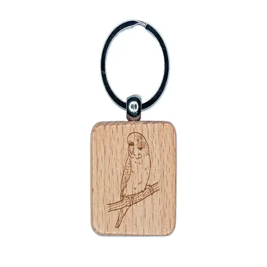 Curious Parakeet Budgie on a Branch Engraved Wood Square Keychain Tag Charm {1}