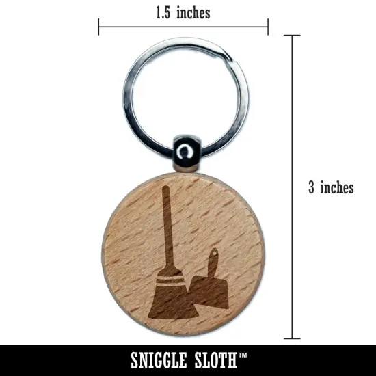 Broom and Dustpan Cleaning Engraved Wood Round Keychain Tag Charm {2}