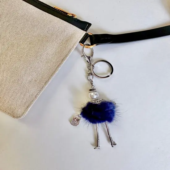 Wrapables Hanging Fashionista Doll Keychain, Crystal Rhinestone Keyring Bag Charm, Navy Pom Pom {5}