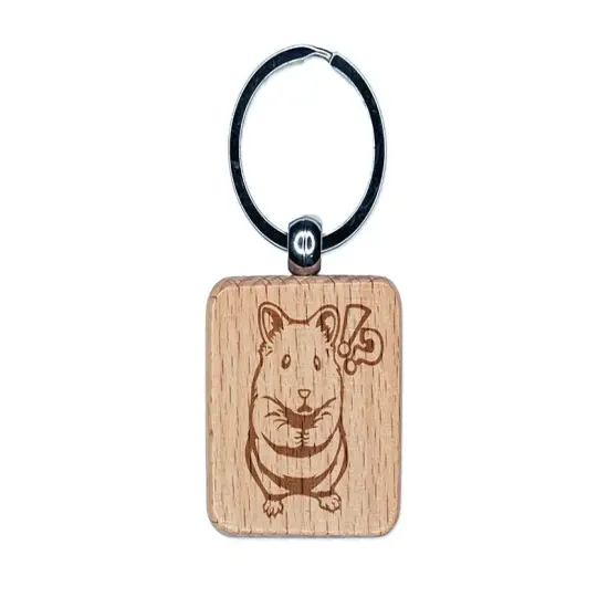 Shocked Syrian Teddy Bear Hamster Engraved Wood Square Keychain Tag Charm {1}