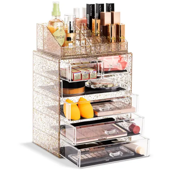 Sorbus 2 Piece Acrylic Makeup and Jewelry Storage Organizer Case (6 Drawers and Lipstick Tray) Glitter {1}