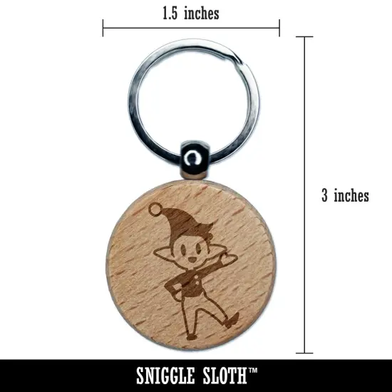 Cheerful Waving Christmas Elf Engraved Wood Round Keychain Tag Charm {2}