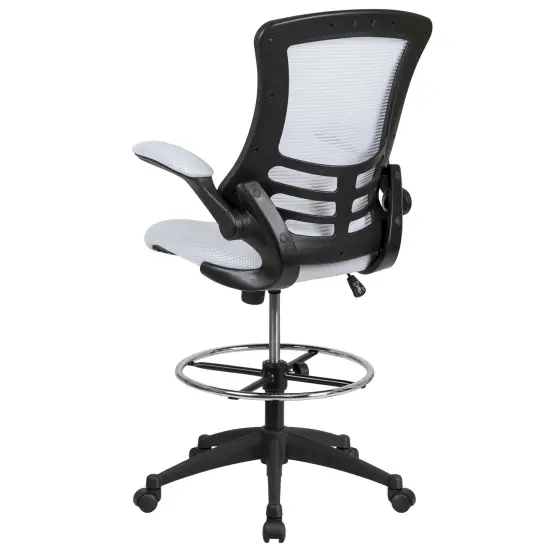 Emma and Oliver Mid-Back Mesh Ergonomic Drafting Chair with Foot Ring and Flip-Up Arms WhiteMesh/BlackFrame {4}