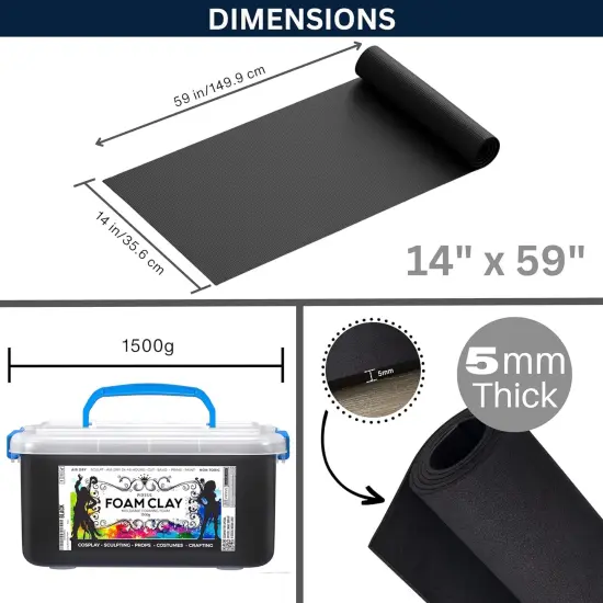 Foam Modeling Clay For Sculpting & EVA Foam - 1500g Cosplay Foam Clay Air Dry (Black Foam) and 2 Cosplay EVA Foam Rolls (35cm x 150cm x 5mm Foam Roll, Black), Air dry foam clay for Craft Foam Clay Kit&hellip; {2}