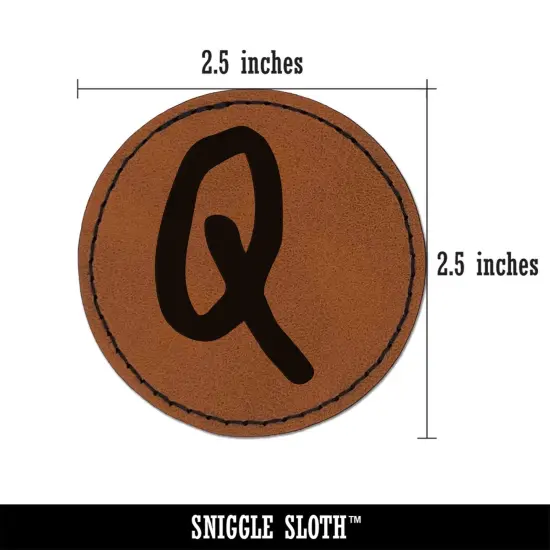 Letter Q Uppercase Felt Marker Font Round Iron-On Engraved Faux Leather Patch Applique - 2.5" Brown {3}