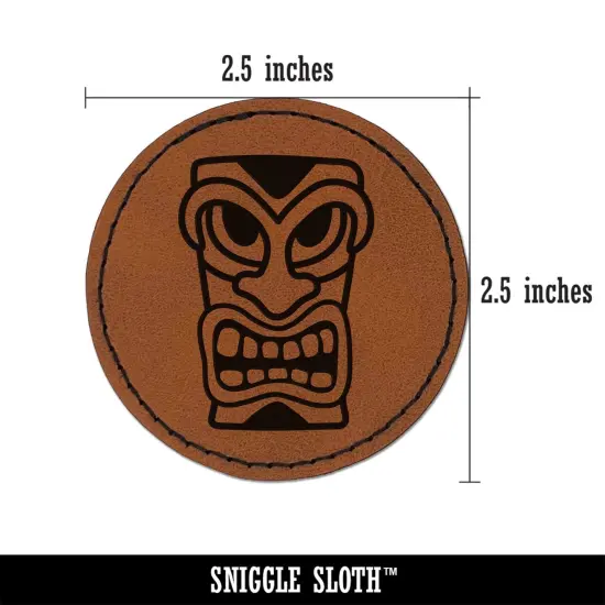 Hawaiian Tiki Head Round Iron-On Engraved Faux Leather Patch Applique - 2.5" Brown {2}