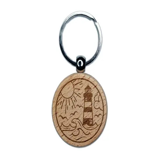 Lighthouse Sea Ocean Waves Engraved Wood Round Keychain Tag Charm {1}