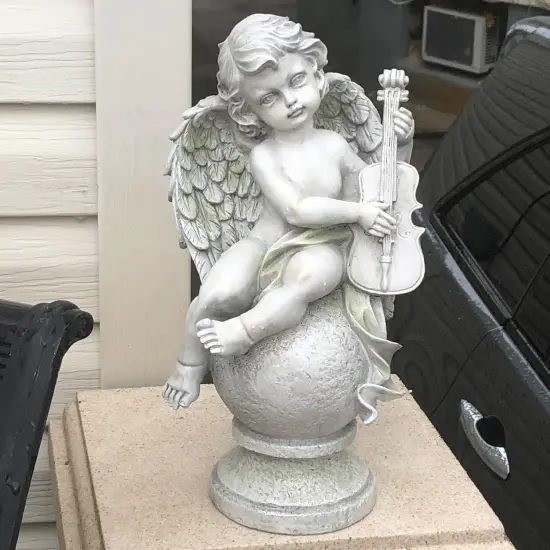 Northlight Set of 2 Cherub Angels with Violin and Harp on Finials Outdoor Garden Statues 15.25" Gray {7}