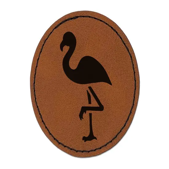 Standing Flamingo Round Iron-On Engraved Faux Leather Patch Applique - 2.5" Brown {1}