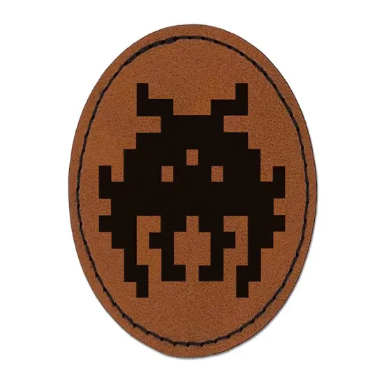 Retro Invaders from Space Bug Alien Round Iron-On Engraved Faux Leather Patch Applique - 2.5" Brown {1}