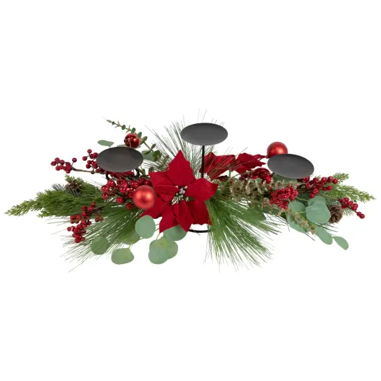 Northlight Poinsettia and Berries Christmas Tripe Pillar Candle Holder - 32" Green {3}