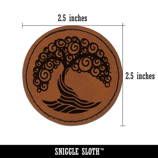 Abstract Tree of Life Round Iron-On Engraved Faux Leather Patch Applique - 2.5" Brown {3}
