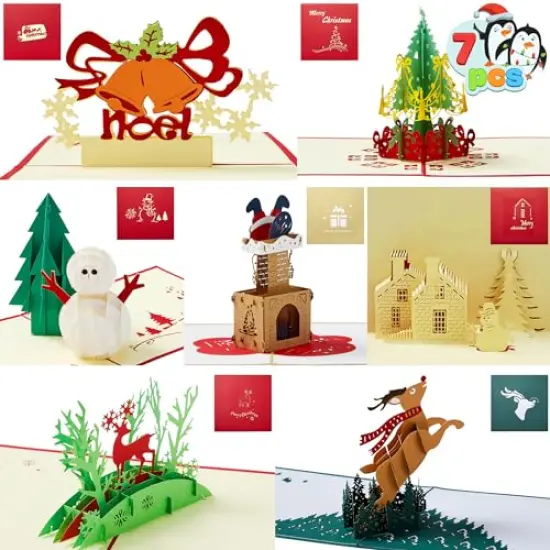 JOYIN Pack of 7 Pop-up 3D Christmas Greeting Cards Unique Designs & Envelopes 6" x 6" for Winter Christmas Season, Holiday Gift Cards, Christmas Gifts Cards. {2}