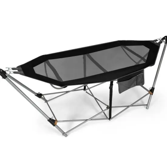 Outdoor Folding Hammock Bed with Breathable Fabric Metal Frame and Side Pocket Storage Black {1}