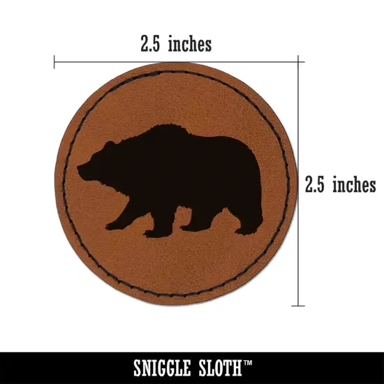 Fuzzy Grizzly Bear Silhouette Round Iron-On Engraved Faux Leather Patch Applique - 2.5" Brown {3}