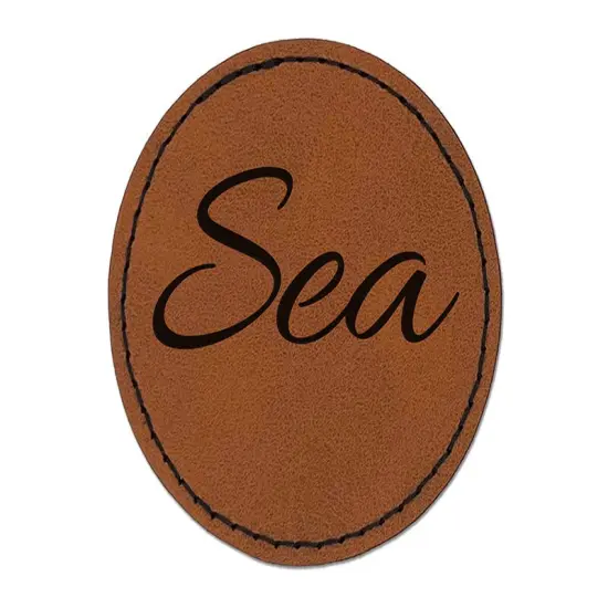 Sea Fun Text Round Iron-On Engraved Faux Leather Patch Applique - 2.5" Brown {1}