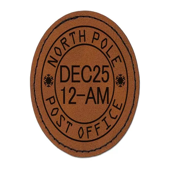 North Pole Christmas Postmark Santa Claus Mail Stamp Round Iron-On Engraved Faux Leather Patch Applique - 2.5" Brown {1}