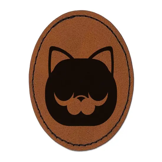 Round Cat Face Sleepy Round Iron-On Engraved Faux Leather Patch Applique - 2.5" Brown {1}