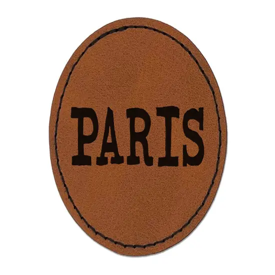 Paris Fun Text Round Iron-On Engraved Faux Leather Patch Applique - 2.5" Brown {1}