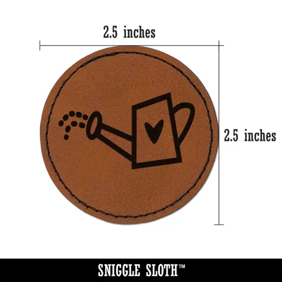Watering Can Heart Gardening Plants Round Iron-On Engraved Faux Leather Patch Applique - 2.5" Brown {3}