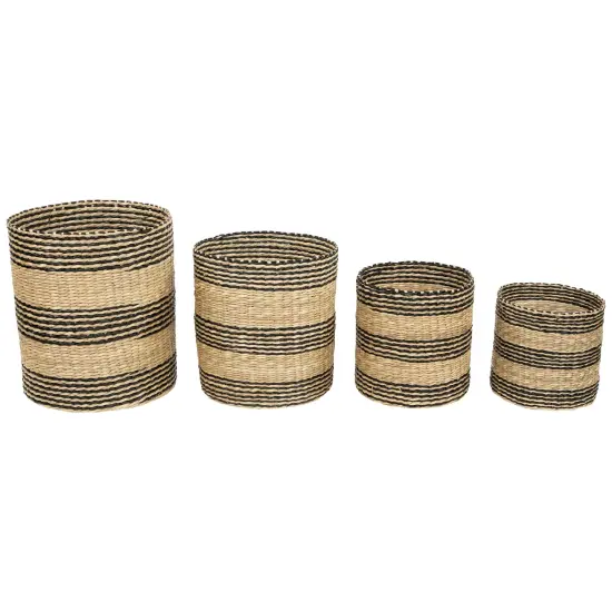 Northlight Set of 4 Beige and Black Striped Woven Round Seagrass Baskets 12" {1}