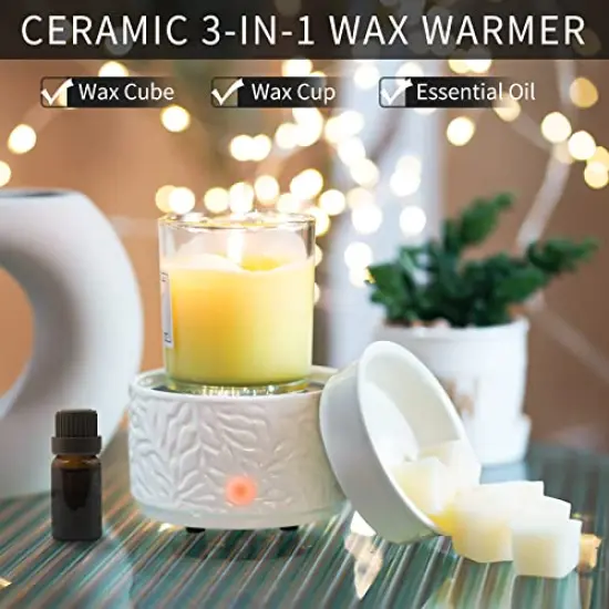 Wax Melt Burner Ceramic 3-in-1 Oil Burner Electric Wax Melter Fragrance Warmer for Home Office Bedroom Aromatherapy Gift& D&eacute;cor (White Leaves) {6}