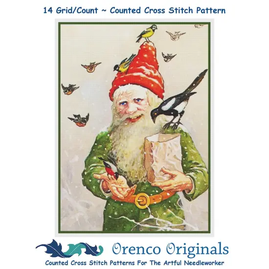 Elf Gnome Feeding the Birds Jenny Nystrom Counted Cross Stitch Pattern {1}