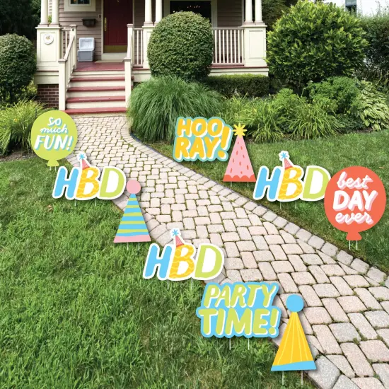 Big Dot of Happiness Party Time - Hats and Balloons Lawn Decorations - Outdoor Happy Birthday Party Yard Decorations - 10 Piece {1}
