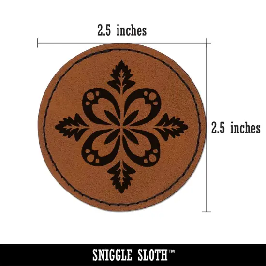 Forest Flower Petal and Leaf Design Round Iron-On Engraved Faux Leather Patch Applique - 2.5" Brown {3}