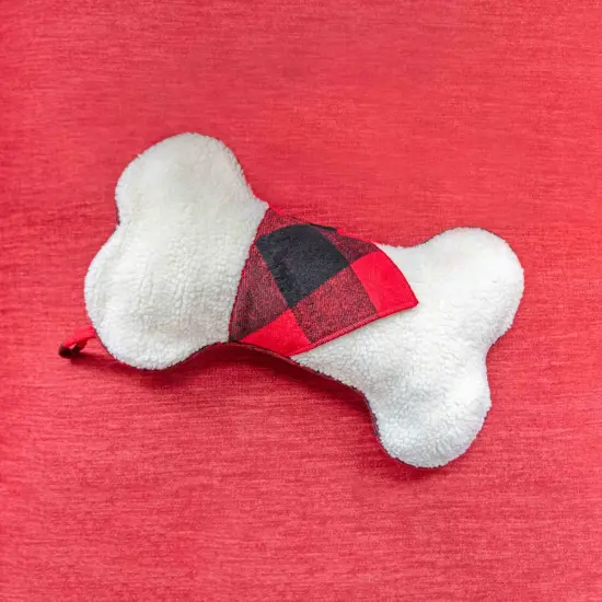 Faux Sherpa Dog Bone Stocking with Red Plaid Bandana Detail {2}