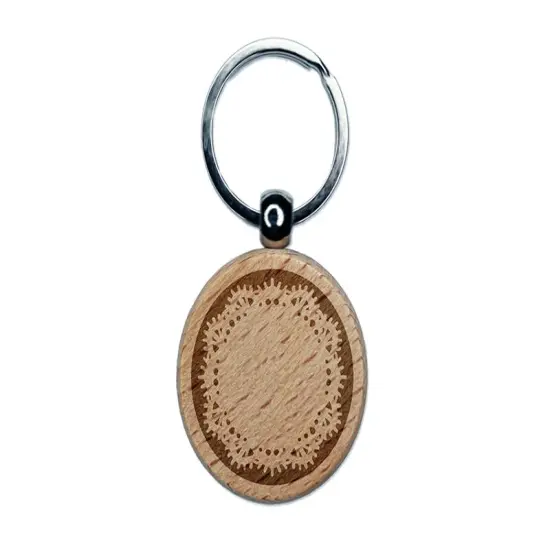 Fancy Cute Lace Doily Engraved Wood Round Keychain Tag Charm {1}