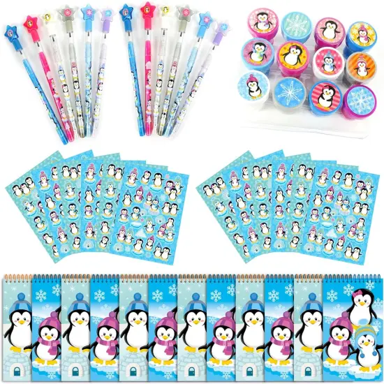 TINYMILLS Penguins Birthday Party Favor Set (12 multi-point pencils, 12 stampers, 12 sticker sheets, 12 small spiral notepads) {1}
