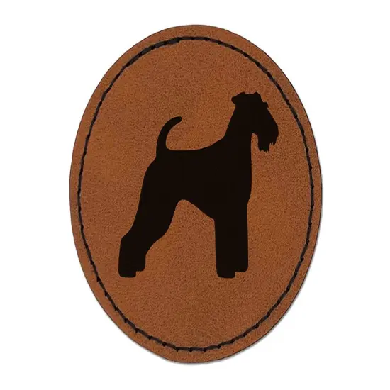 Airedale Terrier Bingley Waterside Dog Solid Round Iron-On Engraved Faux Leather Patch Applique - 2.5" Brown {1}