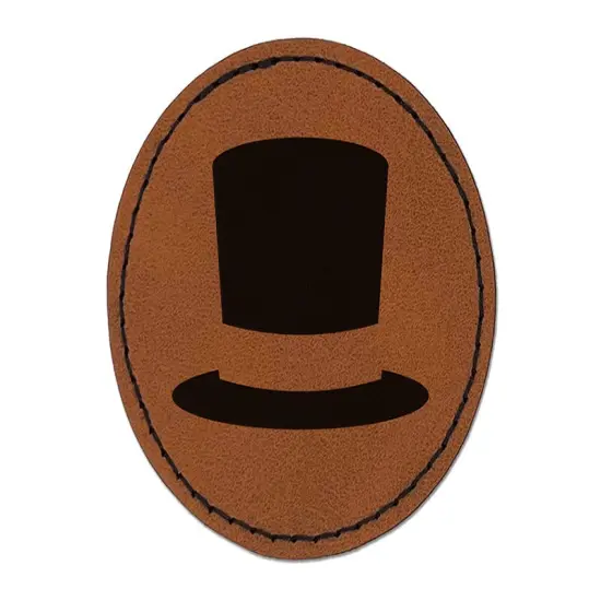 Top Hat Round Iron-On Engraved Faux Leather Patch Applique - 2.5" Brown {1}