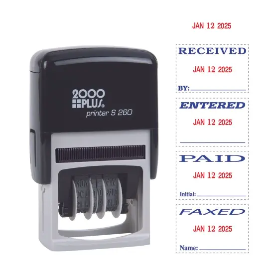 2000 PLUS Self-Inking Message and Date Date Stamp, FAXED, PAID, RECEVIED, ENTERED, 1-3/4" X 7/8" Impression, Self-Inking, Red and Blue Ink {1}