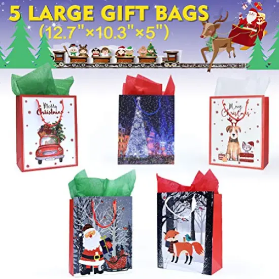 16 Pieces Christmas Bags Bulk Set Includes Assorted Sizes 3 Jumbo 5 Large 6 Medium 2 Wine Bags 16 Count Glitter Design with 12 Sheets Tissue Paper {5}
