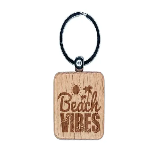 Beach Vibes with Sun and Waves Engraved Wood Square Keychain Tag Charm {1}