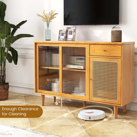 Costway Buffet Sideboard Cabinet Rattan Console Table with Sliding Doors Storage Drawer {6}