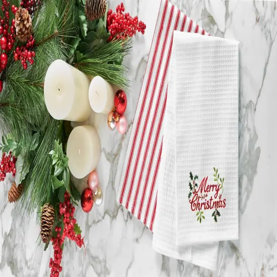"Merry Christmas" Holly Branches Embroidered 100% Cotton Waffle Weave Dishtowel {3}