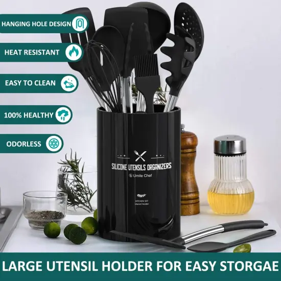 15 Pieces Silicone Cooking Utensil Set, Umite Chef Silicone Cooking Kitchen Utensils Set, Non-stick - Best Kitchen Cookware with Stainless Steel Handle - Black {6}