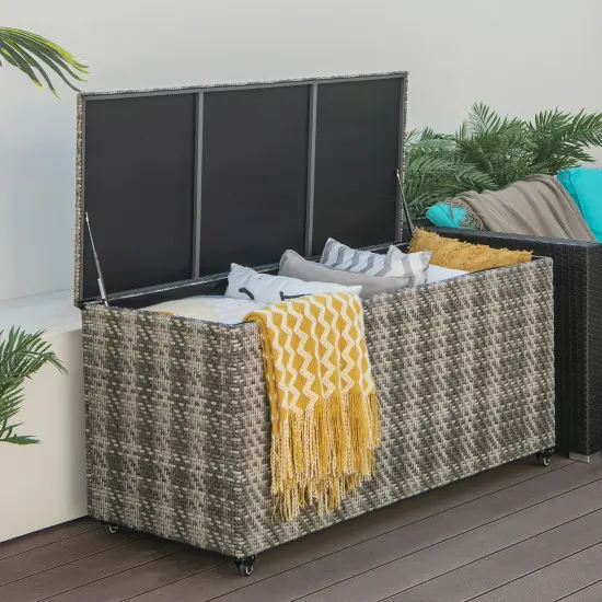 96 Gallon PE Wicker Outdoor Storage Box with 4 Wheels Grey {2}