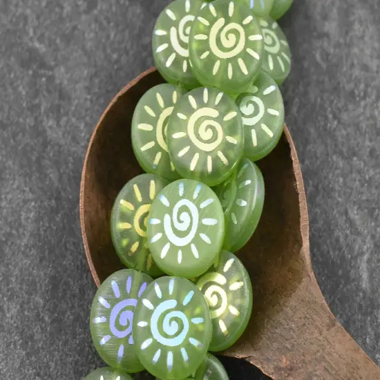 *8* 14mm Lime Opal AB Laser Tattoo Sun Coin Beads {1}
