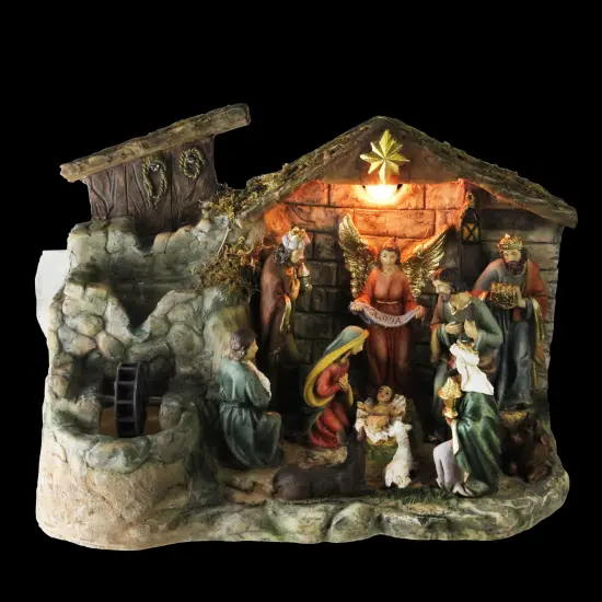 Northlight 11-Piece Pre-Lit Brown Christmas Nativity Figurine Set with Water Fountain 11" - Warm White Light {3}