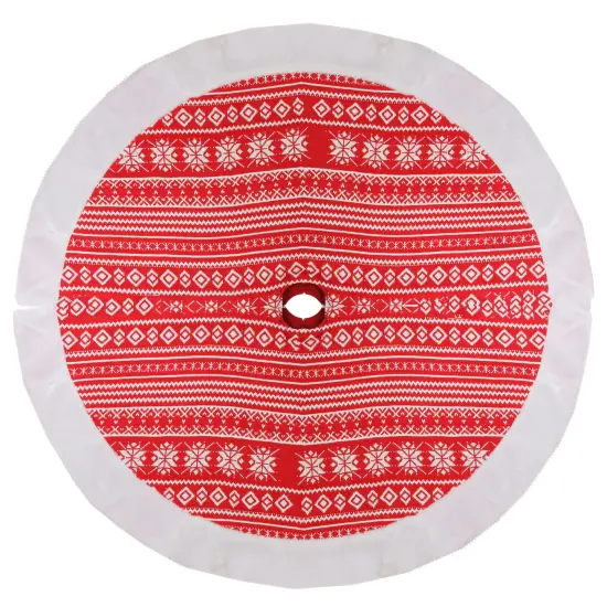 Northlight 48" Red and White Knitted Snowflake Christmas Tree Skirt with Faux Fur Trim {1}
