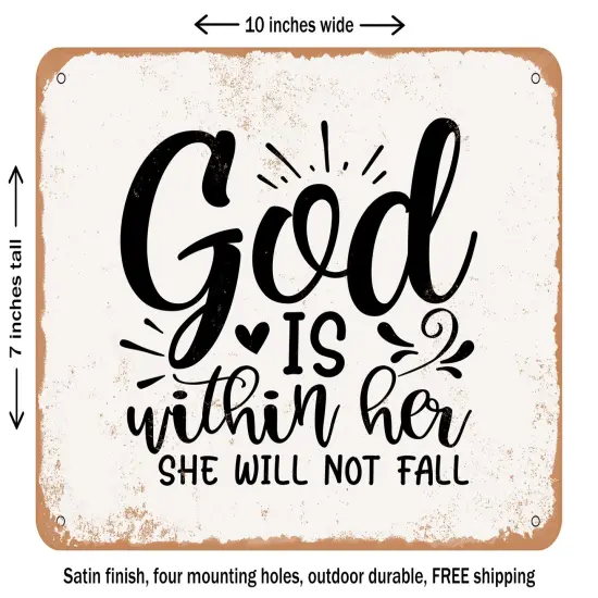 DECORATIVE METAL SIGN - God is Within Her She Will Not Fall - 2 - Vintage Rusty Look {1}