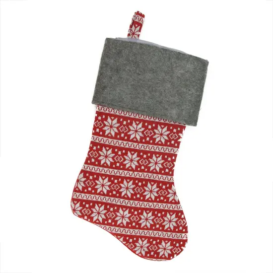 Northlight 19" Festive Red, White and Grey Poinsettia Style Snowflake Motif Sweater Knit Christmas Stocking {1}