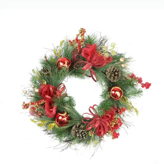 Northlight Bows, Berries and Ornaments Mixed Pine Artificial Christmas Wreath - 26" - Unlit Green {1}